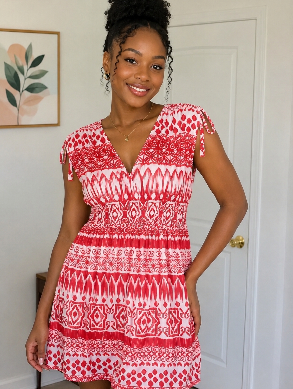 Faded Glory Red and White Patterned V-Neck Smocked Waist Tunic
